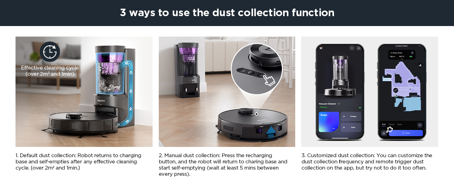 A black Eureka E10S robotic vacuum cleaner is in the middle of a wooden floor with a noticeable amount of hair around it